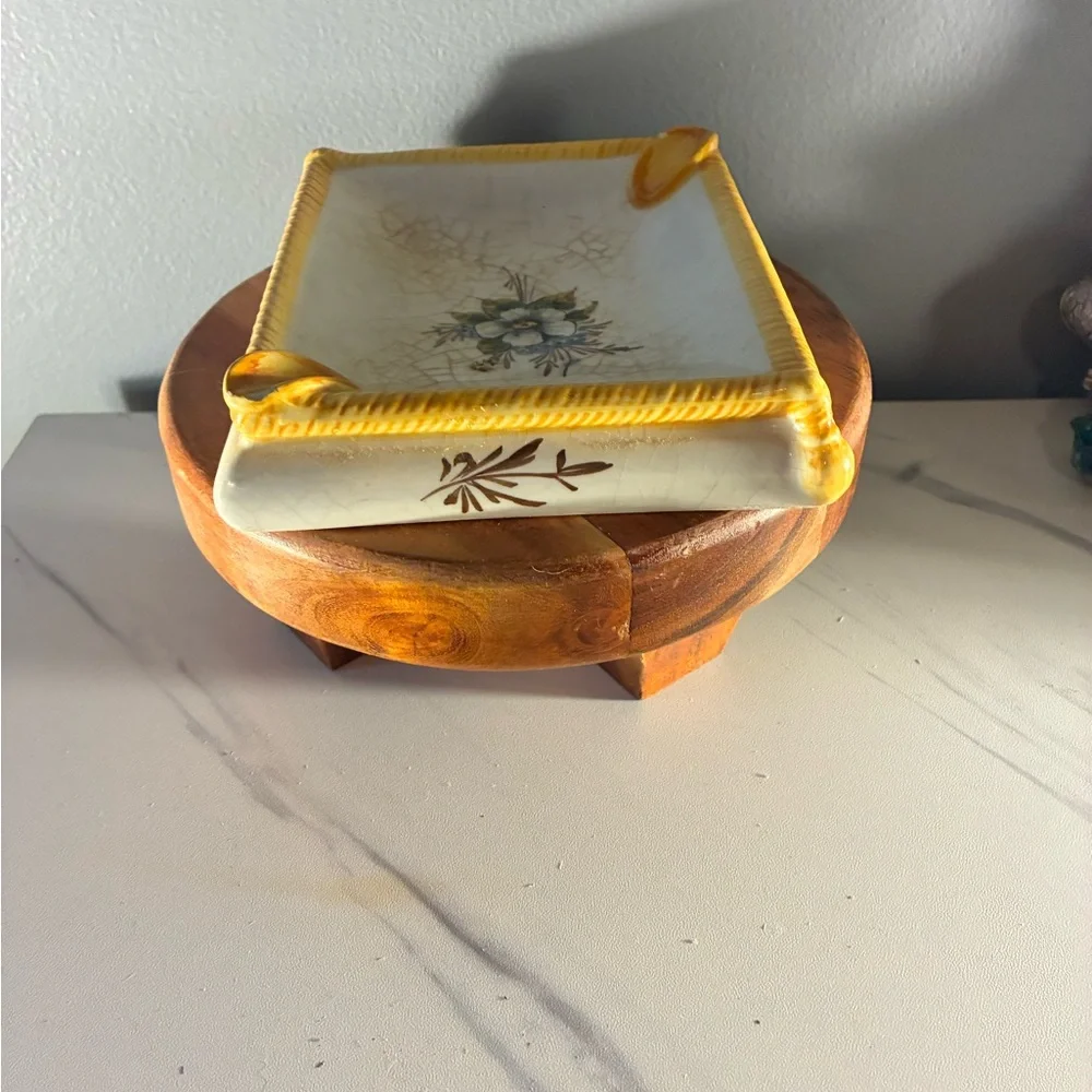 Vintage Italian Crackle Glaze Ashtray Trinket dish pained floral and signed